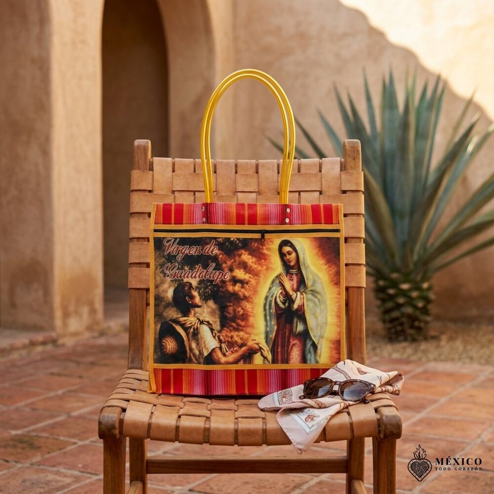 Virgen Traditional Mexican Tote Bag – Colorful Reusable Plastic 15X 14.5 INCHES